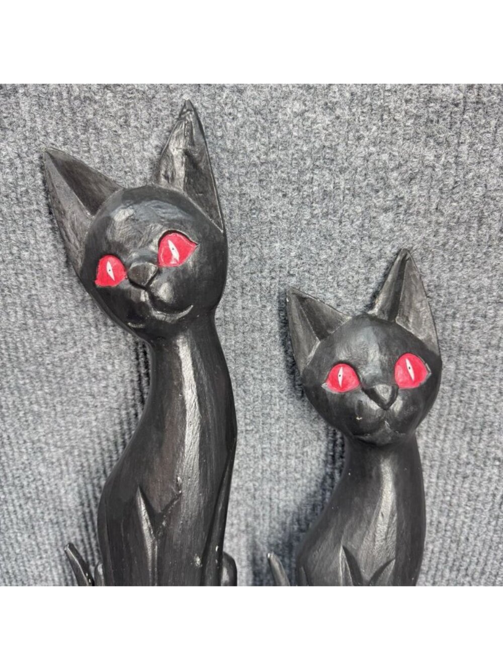 Set of 2 Vintage Black Cat Statues Wood Red Eyes Tall & Small Figures Halloween - Picture 8 of 9